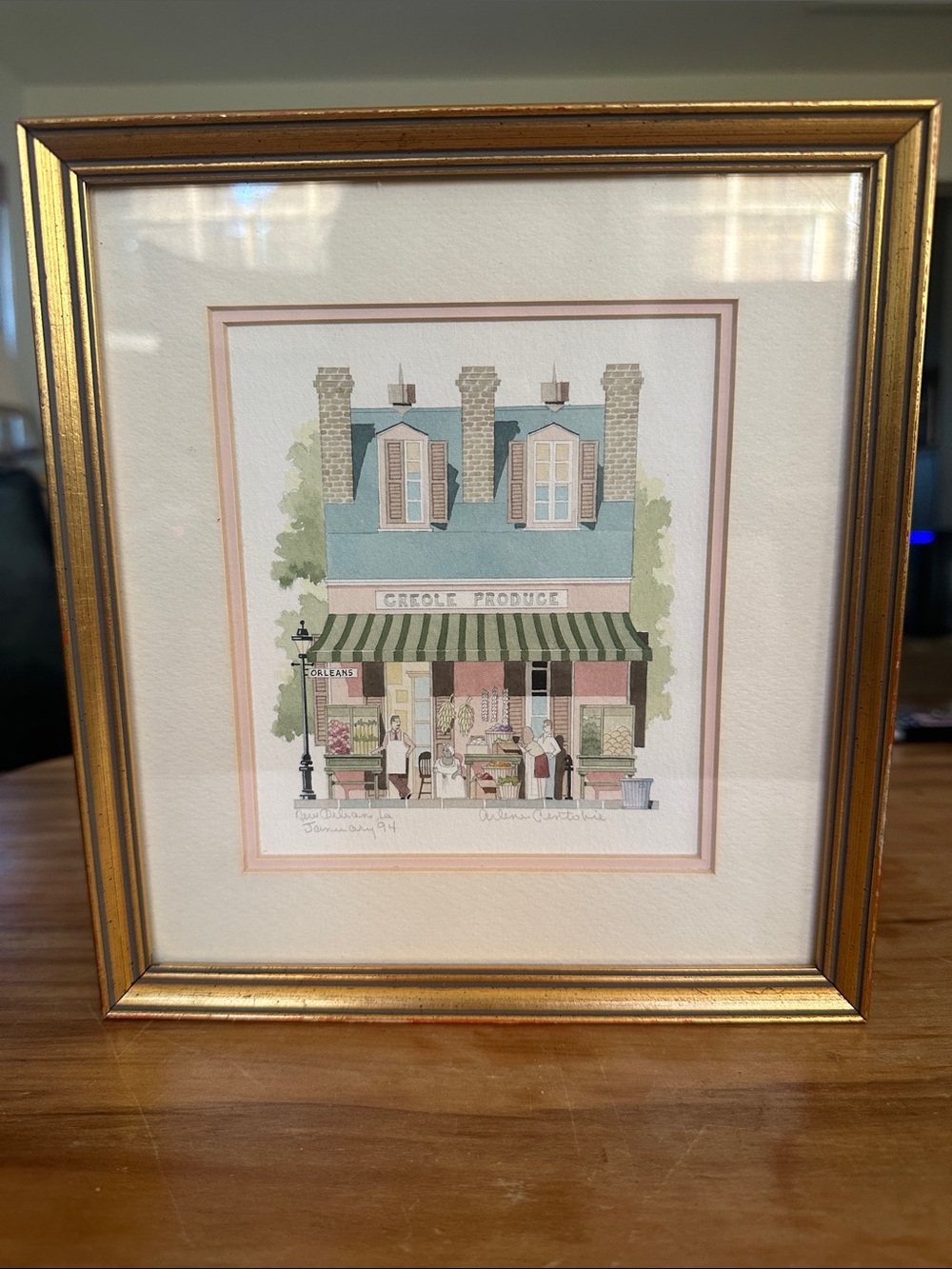 Framed Creole Produce Watercolor Print in Gold Frame New Orleans pimk gold 8x9